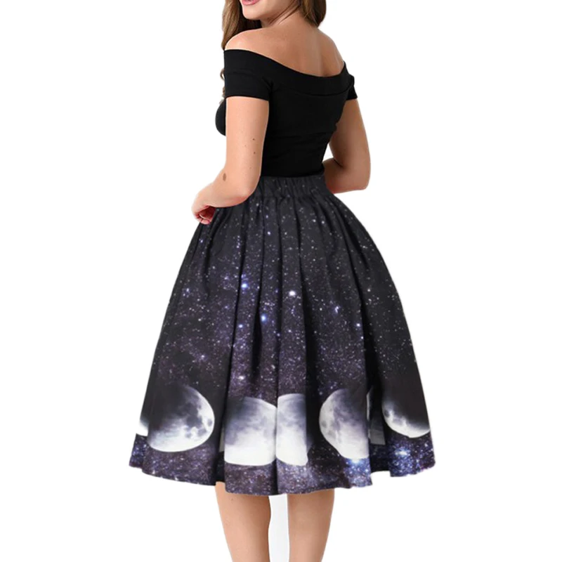 Raisvern Новая женская Тюлевая юбка Harajuku Moon Print Black Faldas с высокой талией Миди длиной до колена Jupe женские юбки