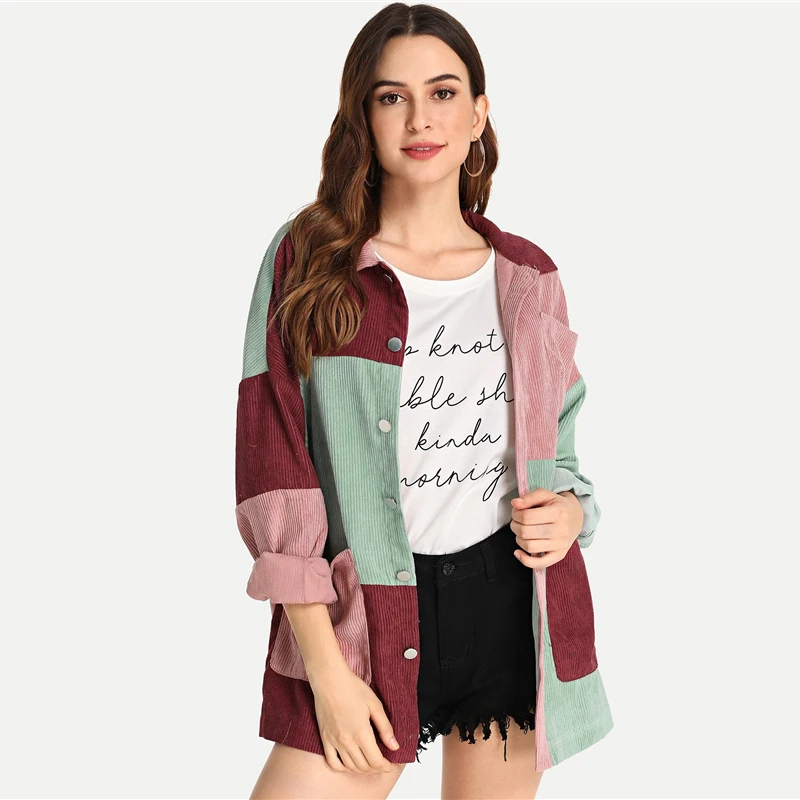Dotfashion, вельветовое пальто с цветными блоками, карманами и пуговицами спереди, Женская Повседневная Осенняя однобортная одежда с длинным рукавом, женская верхняя одежда