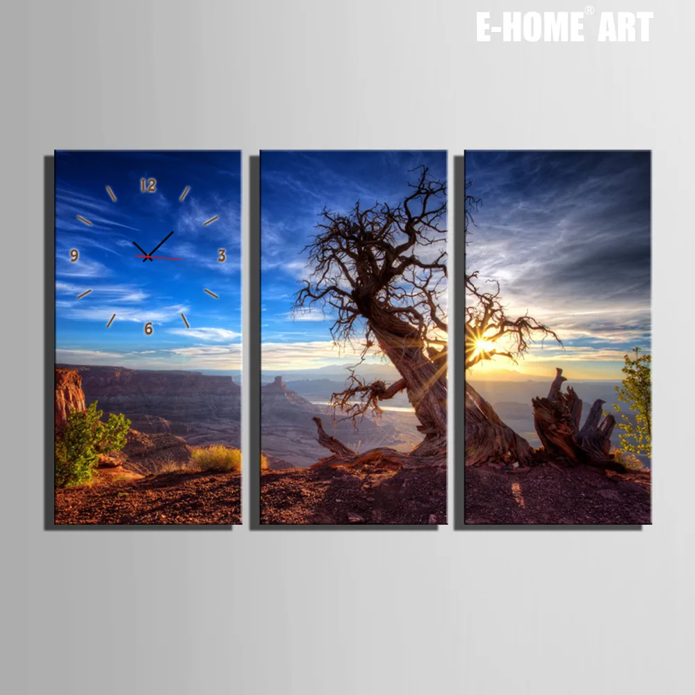 

Free Shipping E-HOME The Top of The Tree Clock in Canvas 3pcs wall clock