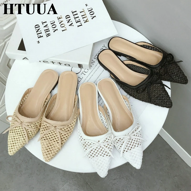 HTUUA 2019 в Корейском стиле соломы ткань плоские тапочки Для женщин Шлёпанцы обувь