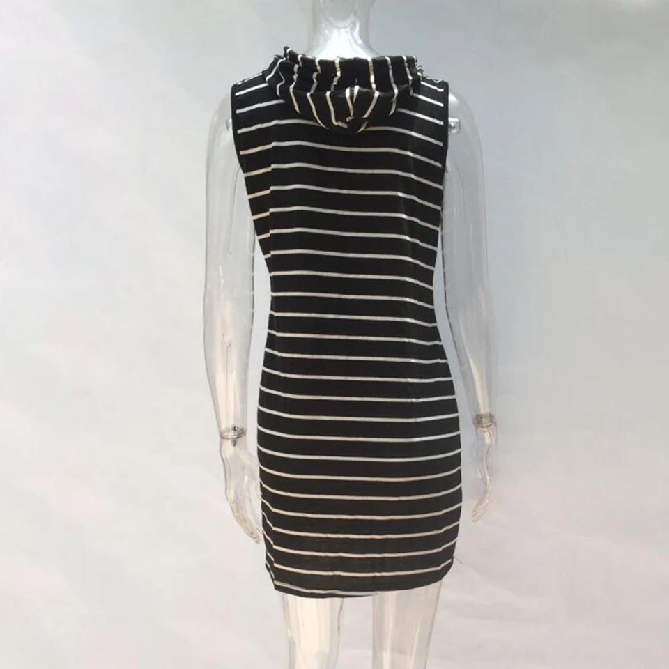 

Black And White Horizontal Striped Dress Pockets Robe Femme 2021 Bodycon Mini Dress Nightclub Sukienka Hooded Tunic Dress Women