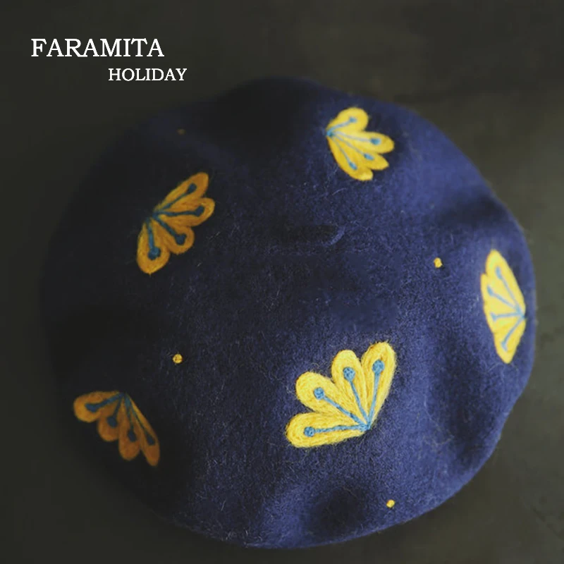 Праздничный берет Faramita в этническом стиле из шерсти и фетра с цветочным рисунком