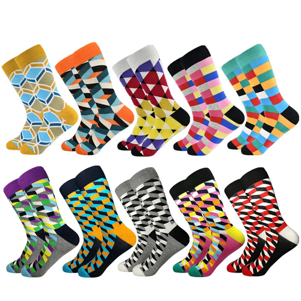 10 pairs of socks Горячая Распродажа повседневные мужские носки новые носки Осень и зима клетчатые Цветные счастливые деловые вечерние Хлопковое носки мужские - Цвет: 10 pairs of socks