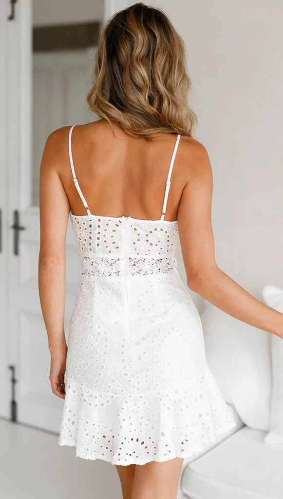 

White Lace Dresses Hollow Out Woman Spaghetti Strap Vestido V-neck Summer Sleeveless Mini Female Dresses