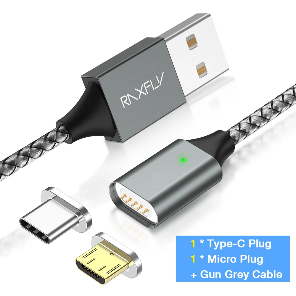 Магнитный зарядный кабель RAXFLY для iPhone X XS Max samsung S9, 1 м, кабель Micro usb type-C для Xiaomi, проводной шнур, кабель для мобильного телефона - Цвет: Grey Micro Type C