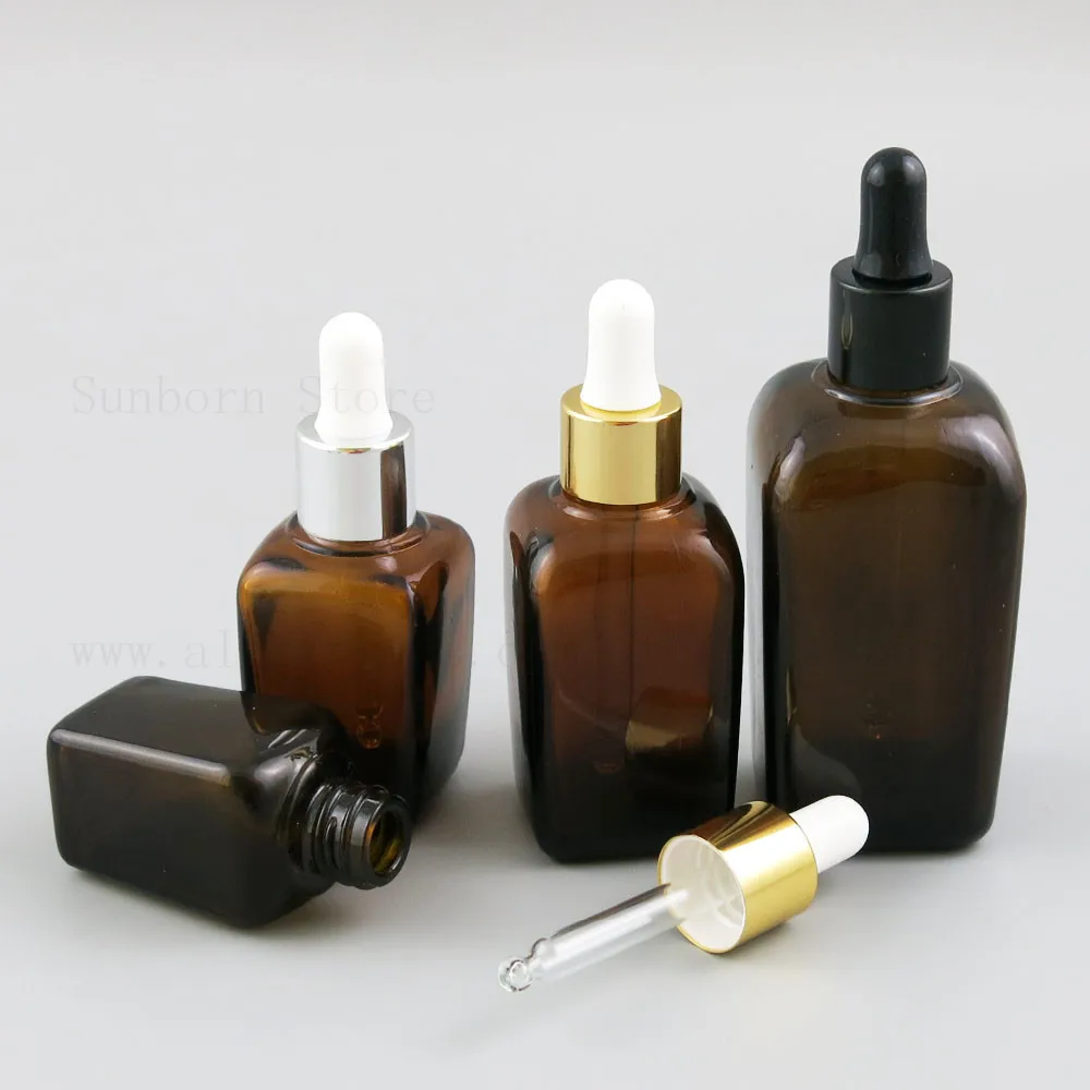 15pcs Amber Glass Dropper Bottle Refillable Square Brown Essential Oil Aromatherapy Perfume e Liquid Pipette Dropper Bottle