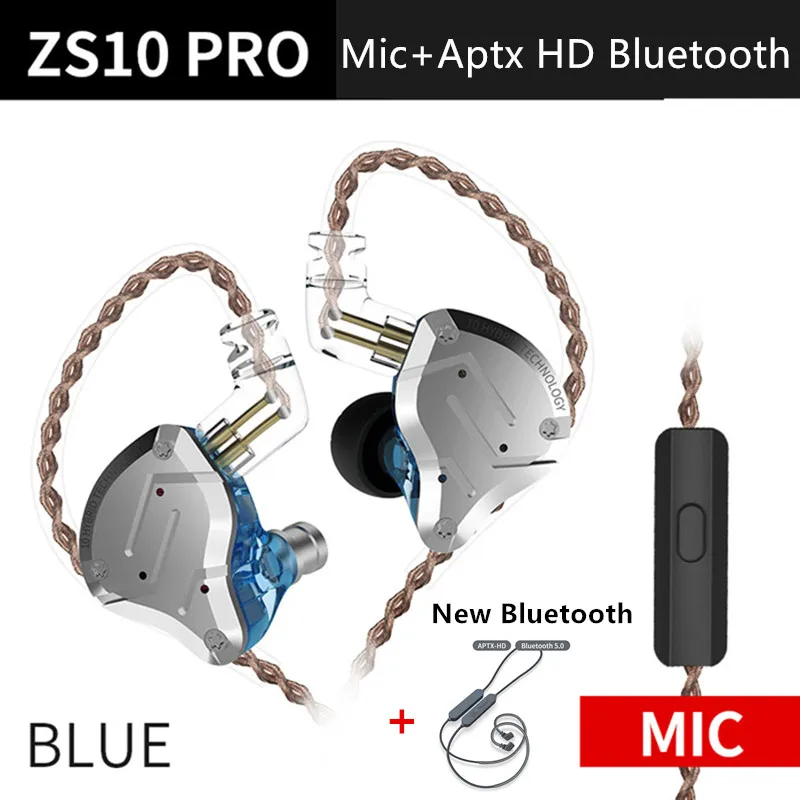 BlueMicAptxHDbluetoo Плотным верхним ворсом KZ ZS10 Pro HDBluetooth вкладыши Наушники Гибридный 4BA+ 1DD HIFI Басс наушники металлические наушники спортивные Шум шумоподавлением гарнитура монитор - Цвет: BlueMicAptxHDbluetoo