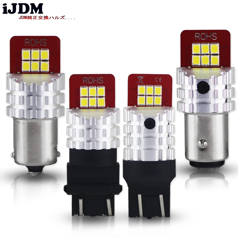IJDM P21W светодиодный 7443 W21W лампы 1156 T20 W21/5 Вт 7440 bay15d Авто светодиодный DRL SMD белого цвета-красный, желтый, 12V сигнал поворота стопор обратного светильник