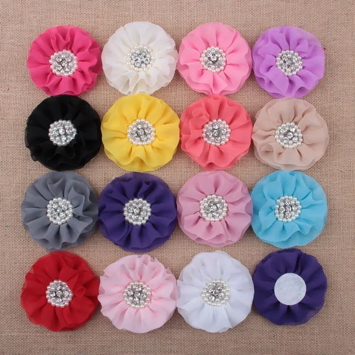 

Yundfly 3PCS Satin Chiffon Flower with Rhinestone Pearl Center for Baby Girls Children Headbands Hair Ornaments Diy Hair Flowers