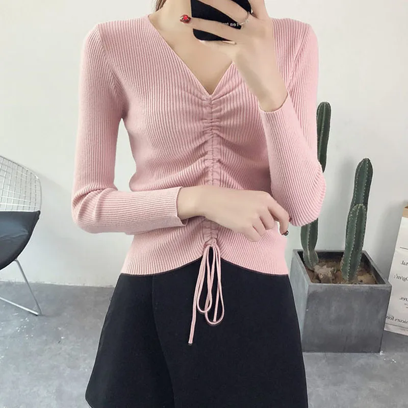 Fencysweet Drawstring Вязание свитер Для Женщин Осенние Топы с v-образным вырезом Свитера