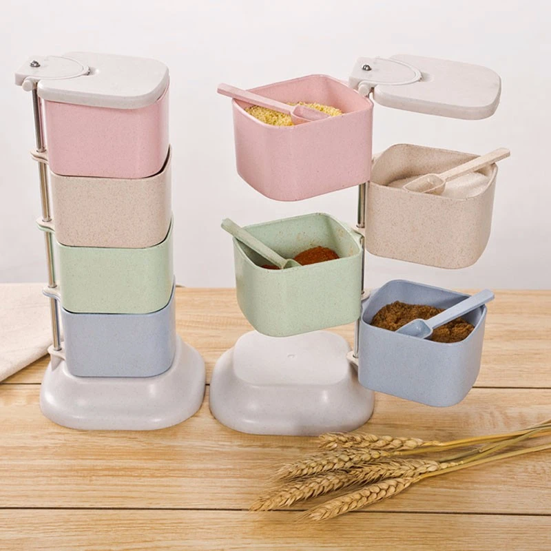 

Коробка для приправ из пшеничной соломы, четыре сетки, вращающаяся на 360 градусов Вертикальная с ложкой, кухонная банка для специй составной...