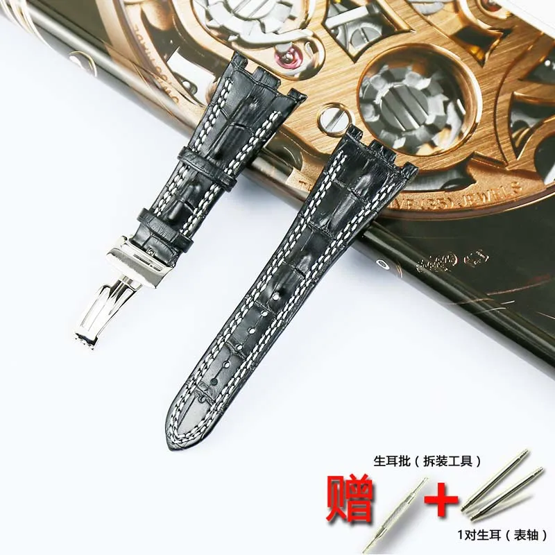 Silver buckle 28 мм мужской деловой высококачественный кожаный ремешок для AP Серии кожаный ремешок для женщин спортивный водостойкий ремешок бабочка пряжка аксессуары - Цвет ремешка: Silver buckle