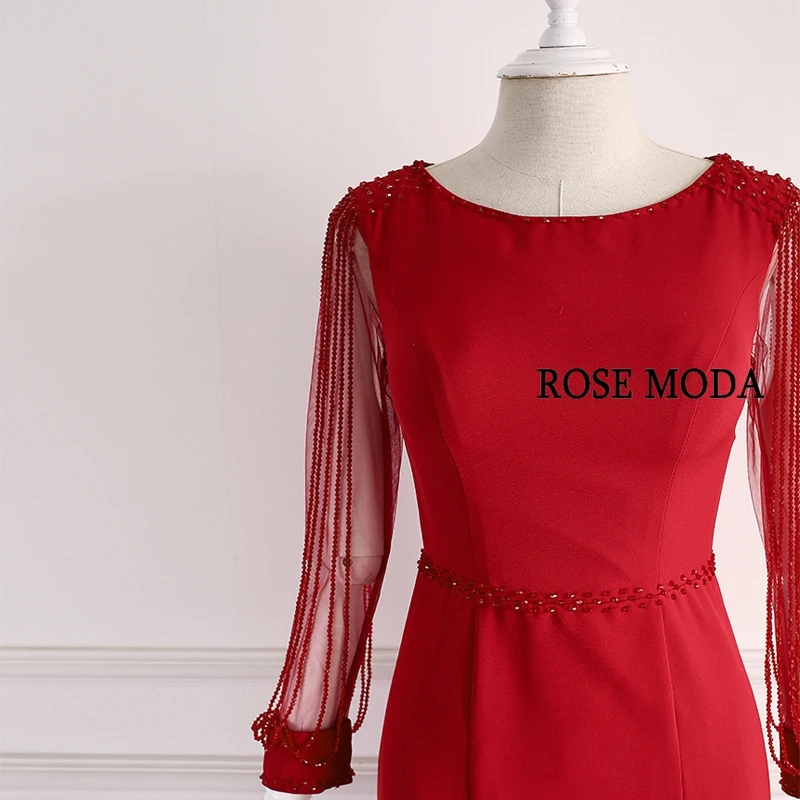 

Rose Moda Red Long Sleeves Prom Dresses with Crystals Reflective Dresses 2019