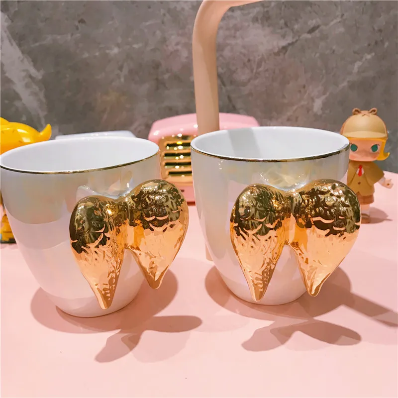 1 шт. кружка с золотым крылом ангела керамическая чашка жемчужно белая для