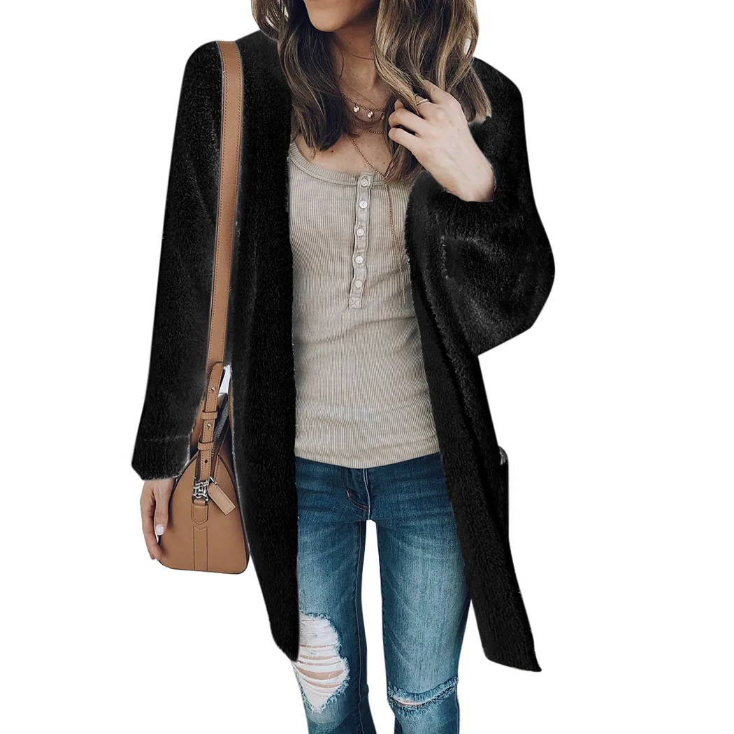 New Spring Autumn Fluffy Cardigan Women Sweater Teddy Fleece Loose Coat Sweaters Winter Plush Long Sleeve Pockets Ladies Jackets |