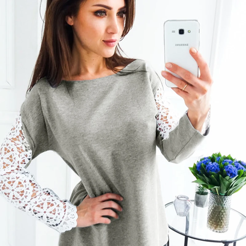 VEROVIVA осень Новый Кружева контраст блузка Для женщин Сплошной 4 цвета с круглым