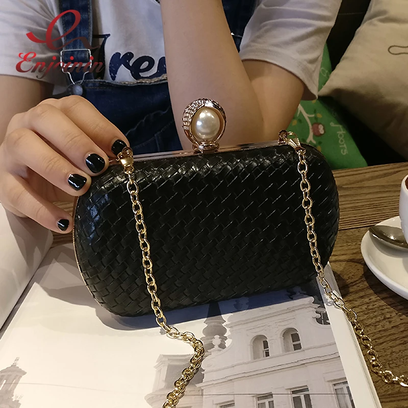 Новая модная плетеная пара мини сумок из искусственной кожи в полоску с жемчугом