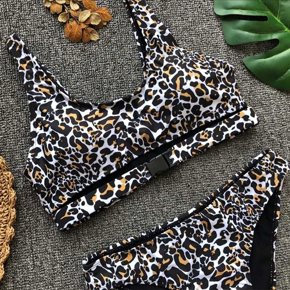 Женский купальник бикини с леопардовым принтом мини пуш ап и высокой посадкой