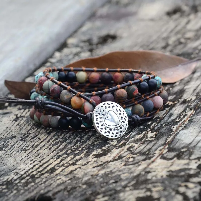 Винтажные кожаные браслеты с матовым камнем 3 нити плетеные Многослойные в стиле