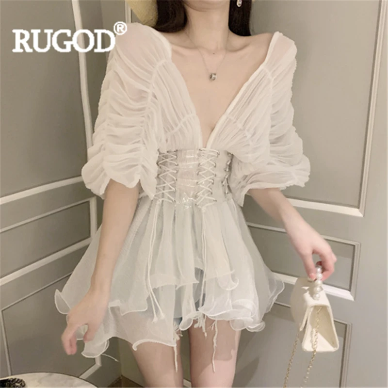 RUGOD, женская блузка, сетка, v-образный вырез, рукав летучая мышь, оборки, длинная рубашка, открытая спина, сексуальная, элегантная,, Новое поступление, модные, женские, вечерние, Топ
