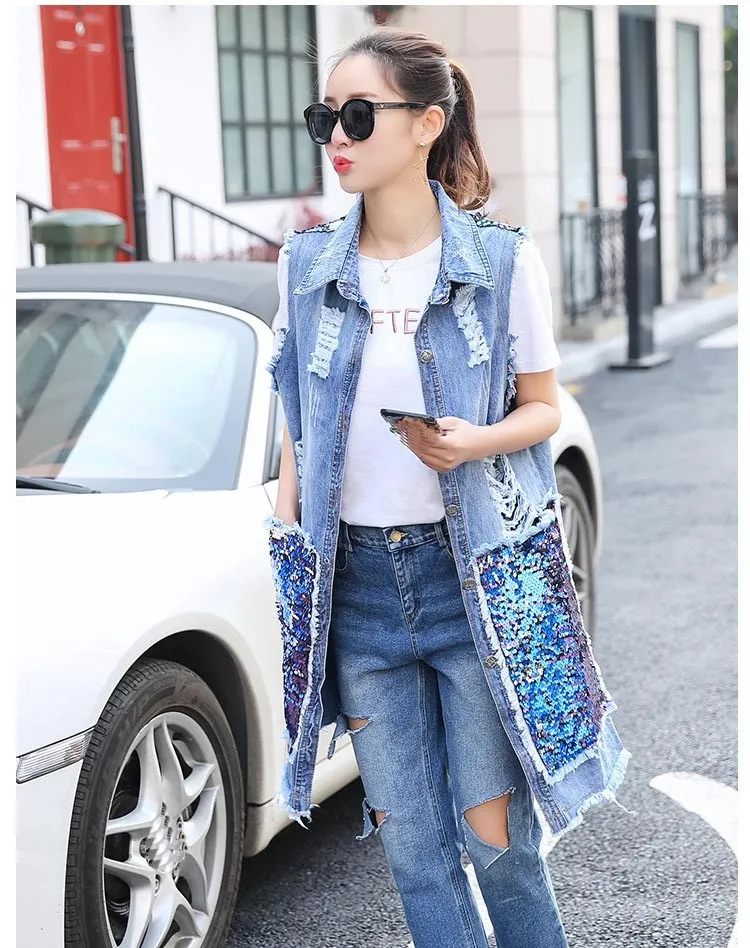 2018 Женский Осенний длинный кардиган джинсовая куртка винтажная без рукавов с
