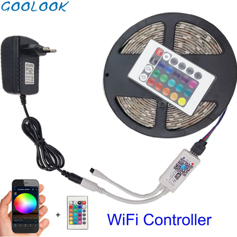 Goolook светодиодный RGB 5050 SMD Водонепроницаемый светодиодный лента DC12V светодиодный гибкий светильник 24 клавиши пульт дистанционного управления Wifi+ Мощность адаптер