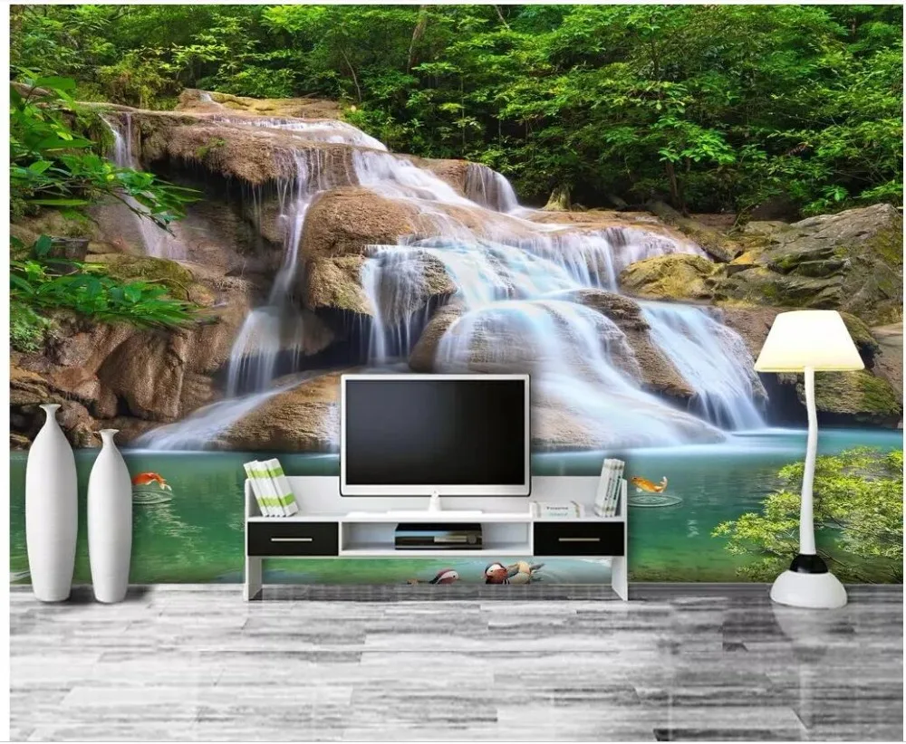 Настенные 3D обои на стену HD фотообои с изображением лесного водопада пейзажа