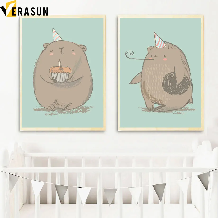 Картина Настенная в скандинавском стиле с мультяшным медведем Eat постеры торт и
