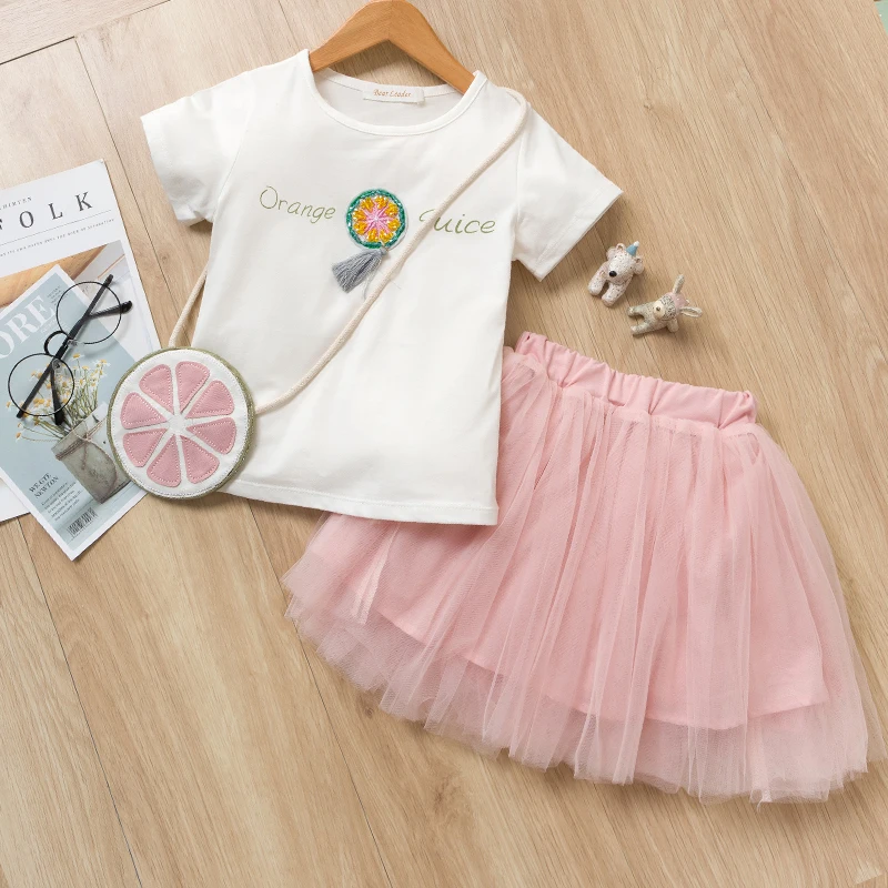 ax1006- pink Bear leader/платье для девочек коллекция года, Летние Стильные комплекты одежды для девочек Полосатая Футболка с рукавами-бабочками+ короткая юбка с бантом комплекты для девочек из 2 предметов - Цвет: ax1006- pink