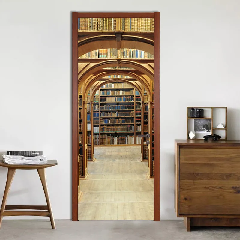 Diy ремонт дверей самоклеющиеся 3d Library картина современные украшения дома новая ПВХ Печать на холсте искусство водонепроницаемые наклейки