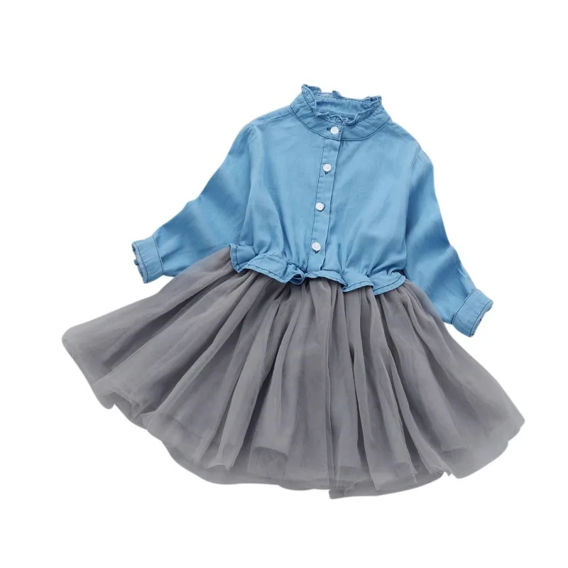 Full Sleeve Toddler Kids Dress Girl Spring Autumn Denim Mesh Patchwork Princess Comfortable For Dressing | Детская одежда и обувь