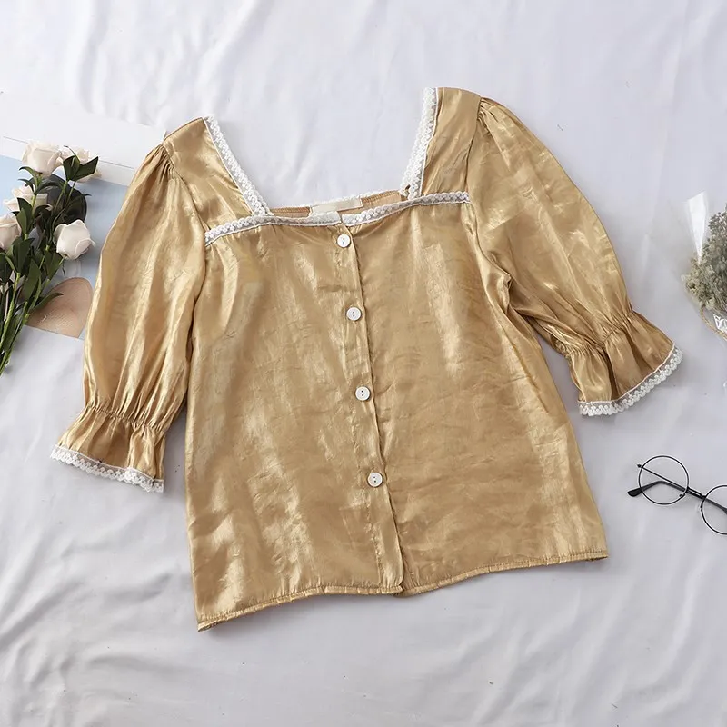 2019 Summer Fashion Streetwear Vintage Style Square Collar Metallic Satin Blouse Women Blusas Sweet Girls Shirt Tops |