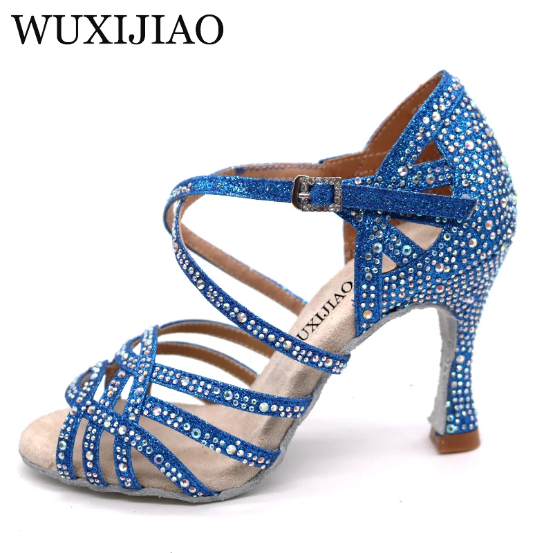 

WUXIJIAO Silver Blue Rhinestone Latin Dance Shoes Women Salas Ballroom Shoes Pearl High Heel 9cm Waltz Software Shoes Hot Sale