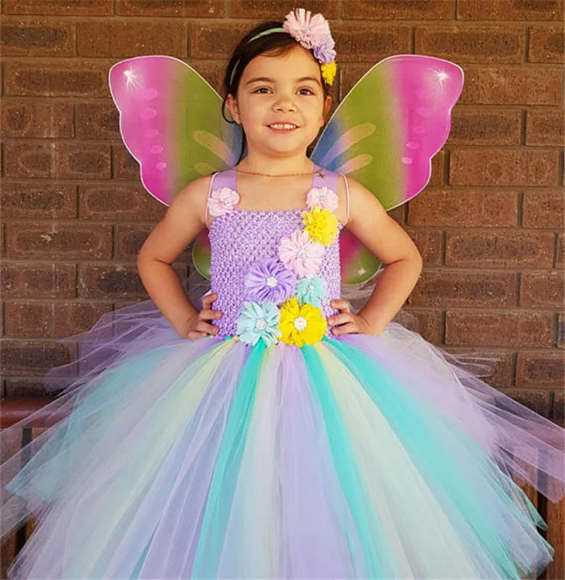 Girls Fairy Tutu Dress Baby Fluffy Tulle Flower Ballet Tutus with Butterfly Wings and Headband Kids Party Cosplay Costume | Детская