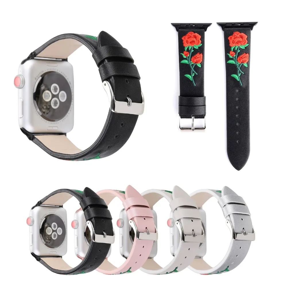 Ремешок с вышивкой розы для apple watch series 4 3 2 сменный Браслет из мягкой кожи iwatch