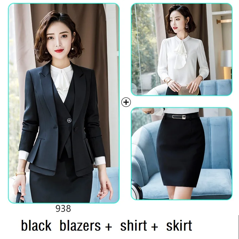 blazers shirt skirt Женские костюмы тонкий весна осень сплошной цвет длинный рукав блейзеры брюки OL формальные деловые женские брючные костюмы женский комплект костюмы 938 - Цвет: blazers shirt skirt