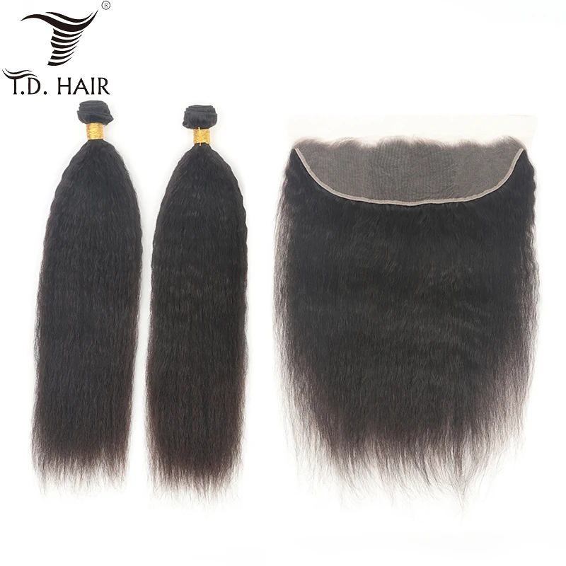 Курчавые прямые пучки волос Remy с 13x4 фронтальной для черных женщин, пучок искусственных волос с кружевной застежкой
