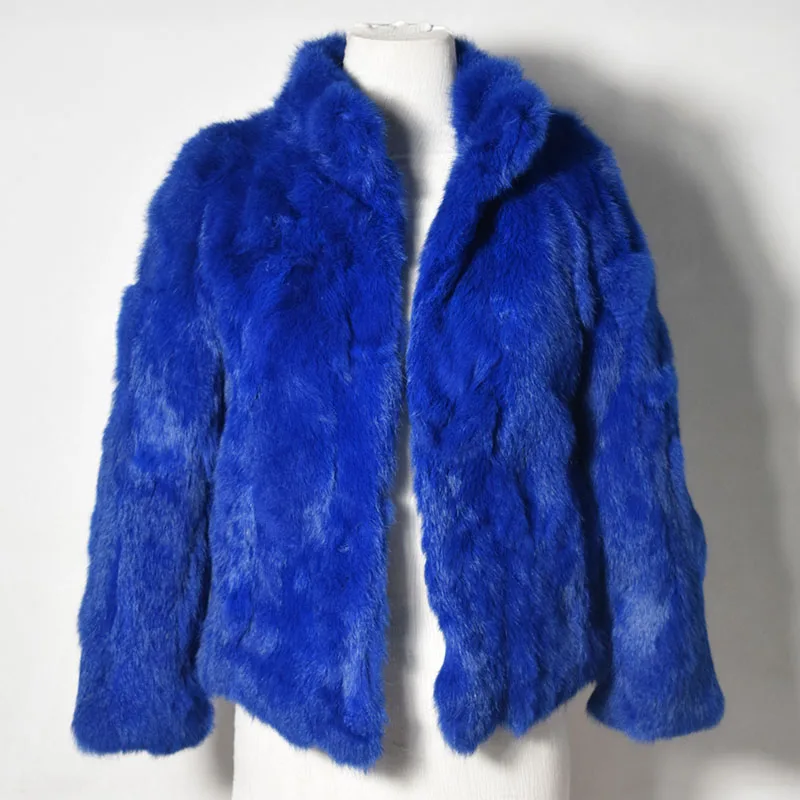 blue button Высококачественное пальто из натурального меха, модные меховые пальто из натурального кролика, элегантная женская зимняя верхняя одежда с воротником-стойкой, куртка из кроличьего меха - Цвет: blue button