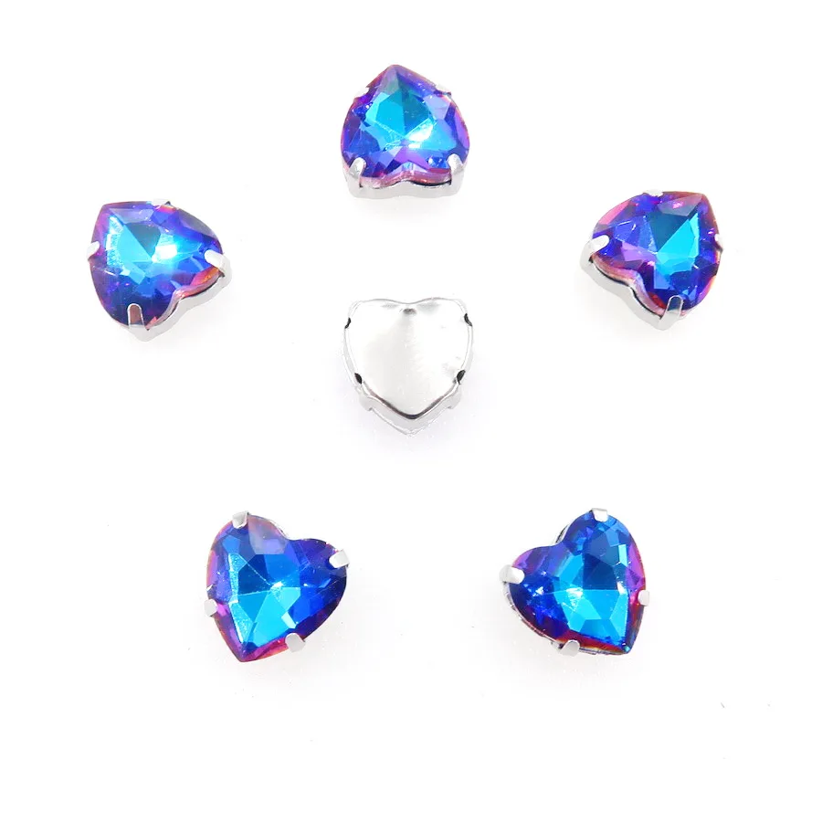 A2 Sapphire rainbow Серебряная цепь коготь настройки 20 шт./упак. с радужными или прозрачные стеклянные стразы цвета Кристалл 10 мм в форме сердца пришить стразы кристаллы Аппликация diy кружевной отделкой - Цвет: A2 Sapphire rainbow
