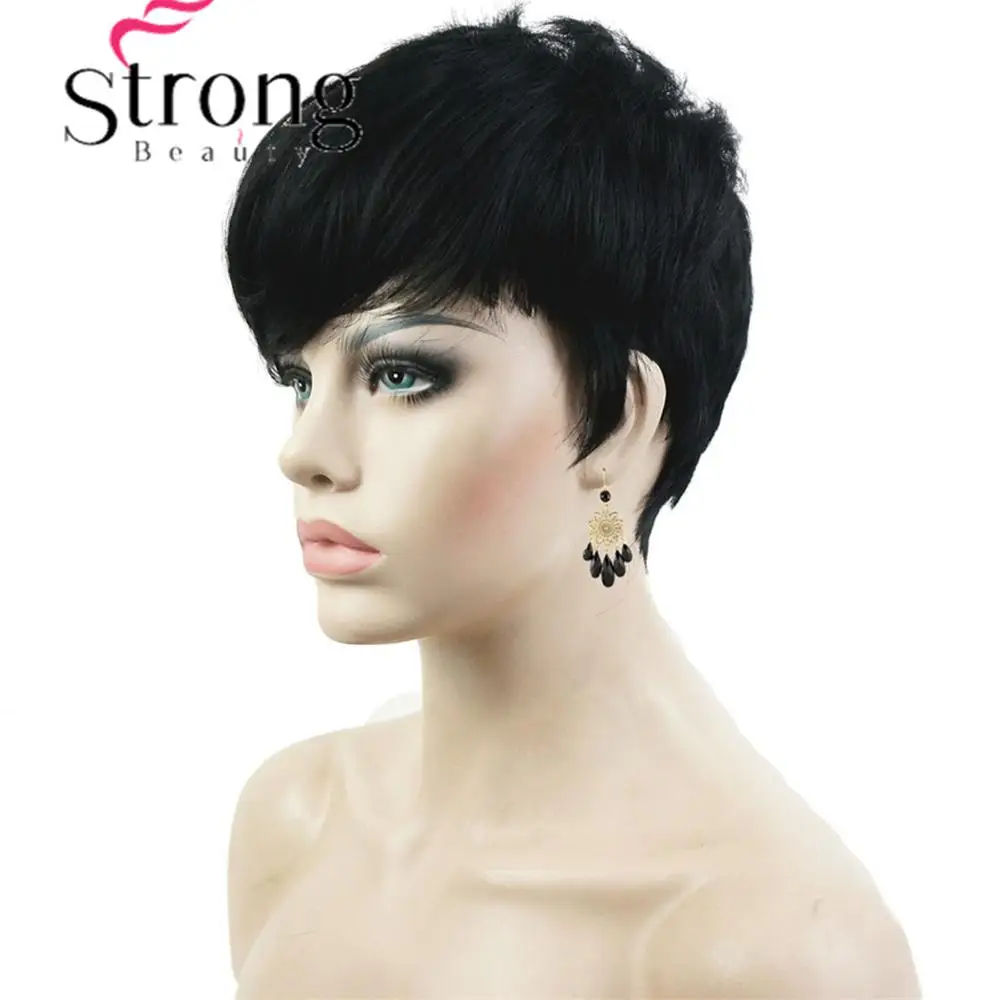 StrongBeauty короткий боковой взрыва красный асиметрический прямой парик полный синтетические парики выбор цвета - Цвет: 2 Natural Black