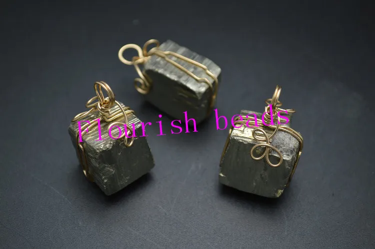 Натуральный пирит обернутый проволокой грубый камень Квадратный Кулон модное