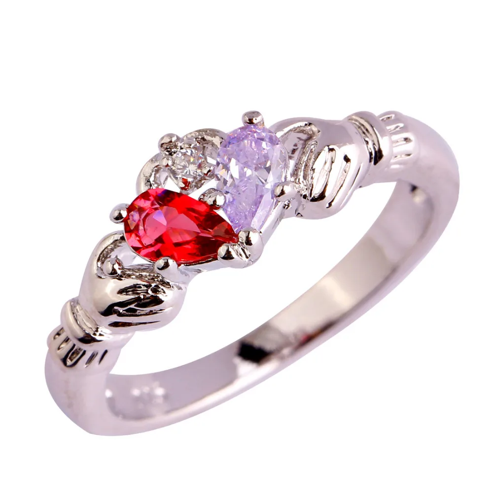 Женское кольцо с фианитом lingmei Claddagh серебряное белого красного и синего цвета