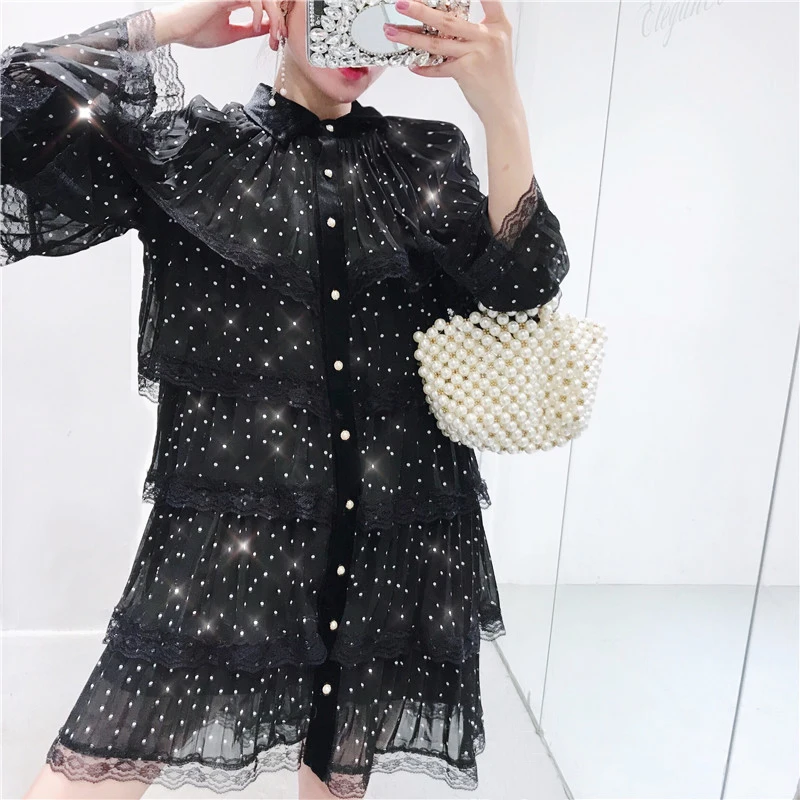 ALPHALMODA Stand Collar Pleated Dotted Chiffion Single Breasted Long Sleeve Loose Fit Ruffles Lace Border Ladies Dress | Женская одежда