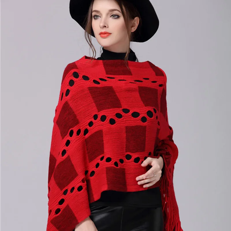Женский вязаный пуловер длинный в клетку весна-осень кардиган с бахромой |