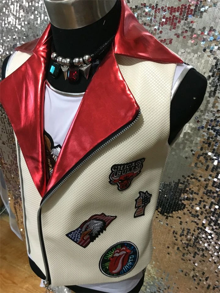 

Customized Fashion New Men's Leather Vest costumes NIghtclub Male Singer Dance stage wear Rhinestone performance Outerwear