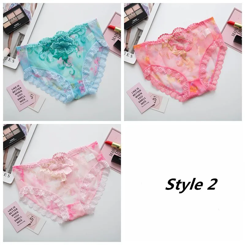 Style 2 3 шт./компл. Для женщин сексуальные кружевные штанишки с вышитыми цветами шорты средней высоты дышащие Мягкий хлопок строка, плавки, нижнее белье весна белье - Цвет: Style 2