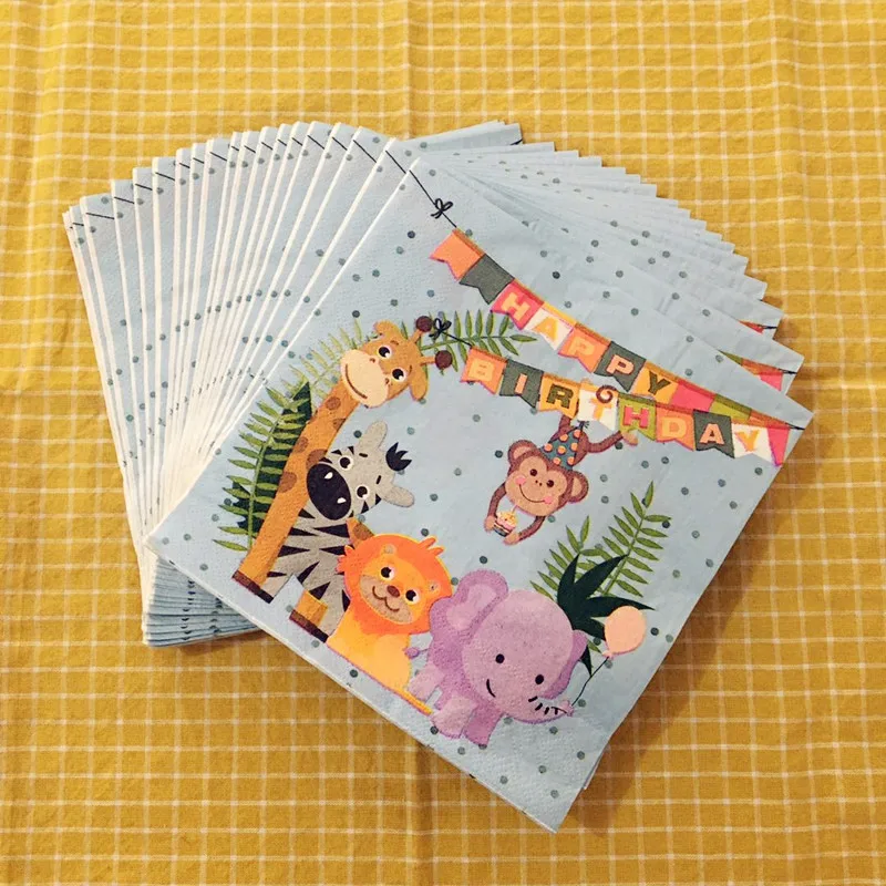 

20 шт./компл. одноразовая бумажная салфетка с разноцветными животными из мультфильма «Джунгли», «Зоопарк», детская салфетка для душа, столов...