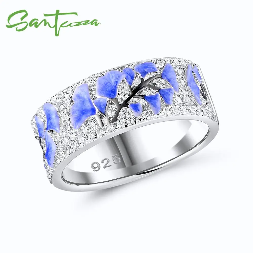 SANTUZZA, серебряные кольца для женщин, 925 пробы, серебряные, элегантные, голубой цветок, блестящий кубический цирконий, модные ювелирные изделия, ручная работа, эмаль