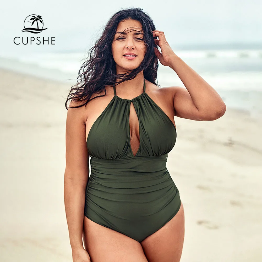 CUPSHE оливковый слитный купальник с лямкой на шее размера плюс сексуальный вырезом