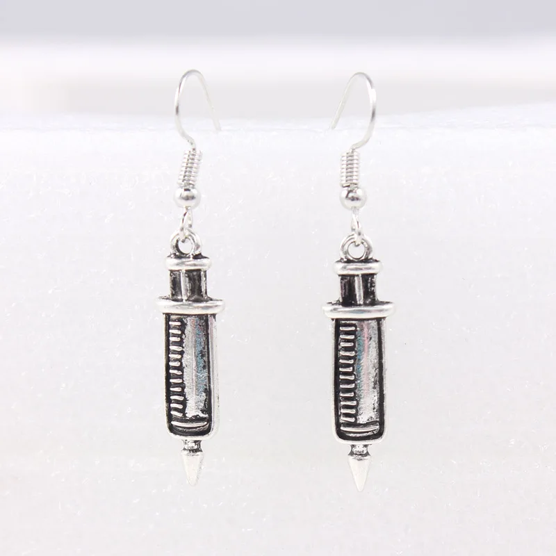 Модные серьги шприцы для медсестер из серебра в античном стиле|dangle earrings|fashion dangle